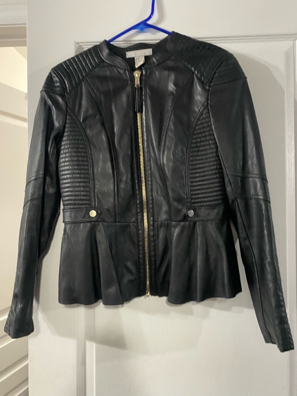 H&M Black Quilted Faux-Leather Peplum Jacket with Gold Zipper